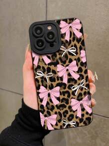 Bow-Knot 1pc Pink Bow & Leopard Print Pattern Full Protection Phone Case Compatible With IPhone 7 8 X XS XR 11 12 13 14 15 16 Pro Plus ProMax, Shock-Absorbing Protective Cover