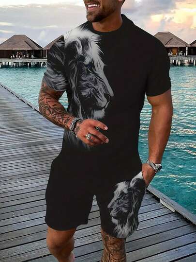 3D Printed Breathable Outdoor Casual 5-Piece Suit, Men's Summer Sports Set