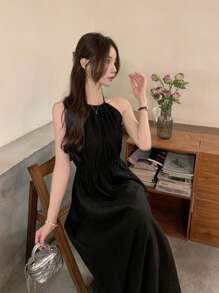 夏季女士独特设计吊带连衣裙，新款娇小长款派对连衣裙黑色 - 黑色 - 查看 4