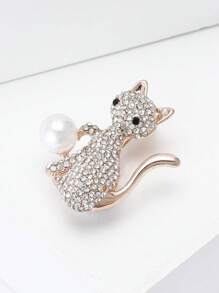 Fashionable Rhinestone Faux Pearl Cat Brooch For Women Animal Brooch Dress Suit Pin Accessories Party Banquet Gift - Cat - View 3