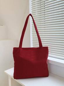 Corduroy Solid Color Shoulder Tote Bag, Suitable For Women's Daily Use - Burgundy - View 5
