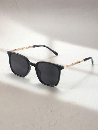 1 Pair Fashion Classic Square Frame Glasses With Decorative Chain Temples, Unisex Suitable For Party, Vacation, Travel, Photography, Daily Wear