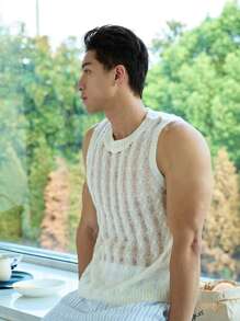 Men's Vintage Cable Knit Colorblock Hollow Loose Sleeveless Pullover Sweater Vest, Streetwear Casual