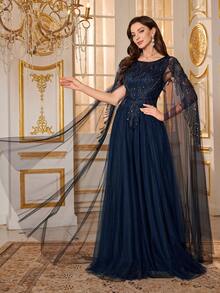 SUPGIR 女士圆领超长袖串珠亮片拼接窄腰蓬蓬裙网纱面料优雅晚礼服 - 藏蓝色 - 查看 3