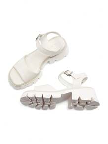 Women's Lug Sole Low Platform Summer Sandals, Stylish Open Toe Chunky Block Ankle Straps Heels Sandals For Summer/Spring - 白色 - 查看 6