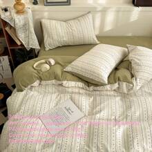 3/4 件复古小碎花花园涤纶精致可爱床上用品套装，蝴蝶结图案拉链羽绒被套套装，简约风格橄榄绿条纹印花羽绒被套套装（1 个羽绒被套 + 1 个床单 + 1/2 个枕套，不含填充物）