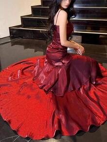 Burgundy Ruffle Hem Party Formal Dress, Shiny Red Concert Outfit, Elegant Spaghetti Strap Bridesmaid Wedding Birthday Homecoming Dress, Summer & Autumn
