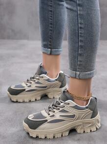 女士运动前厚底运动鞋，拼色皮革系带女鞋轻便透气运动鞋女鞋防滑耐磨户外运动鞋，舒适休闲女鞋