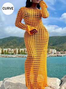 加大码性感纯色镂空长袖超长邮轮罩衫连衣裙夏季