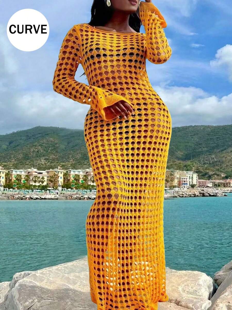加大码性感纯色镂空长袖超长邮轮罩衫连衣裙夏季