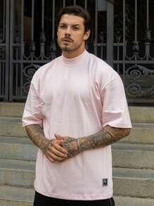 Oversized Plain Turtleneck Basic Streetwear T-Shirt For Men Unisex - Màu Hồng baby - Xem 1