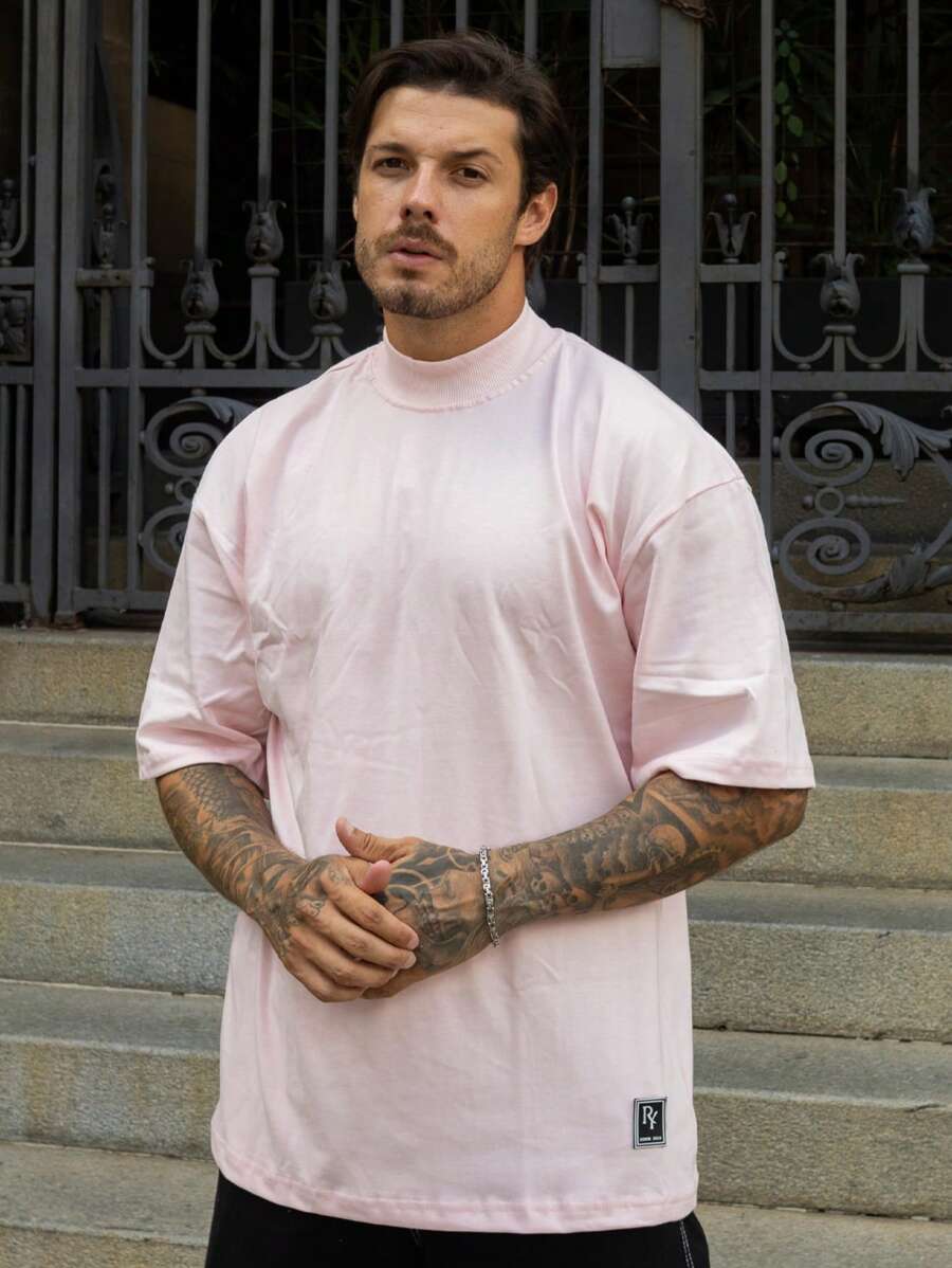 Oversized Plain Turtleneck Basic Streetwear T-Shirt For Men Unisex - Màu Hồng baby - Xem 1