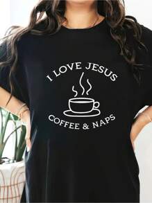 I Love Jesus Coffee And Naps Funny Christian Coffee Lover T-Shirt Short Sleeve Round Neck Casual Top For Summer & Spring, Women's Clothing - Black - View 1