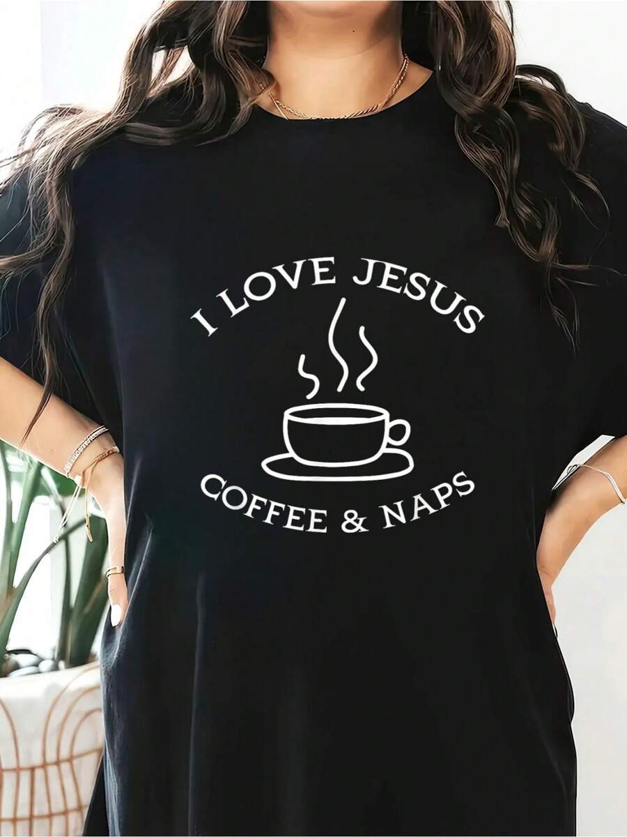 I Love Jesus Coffee And Naps Funny Christian Coffee Lover T-Shirt Short Sleeve Round Neck Casual Top For Summer & Spring, Women's Clothing - Black - View 1