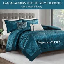 5 件套皱褶天鹅绒被子套装，豪华天鹅绒，缎纹被子，适合大号床，舒适天鹅绒被子，四季皆宜，轻便，羽绒替代床上用品，全尺寸/大号床，特大号床/加州特大号床 - 青色 - 查看 1