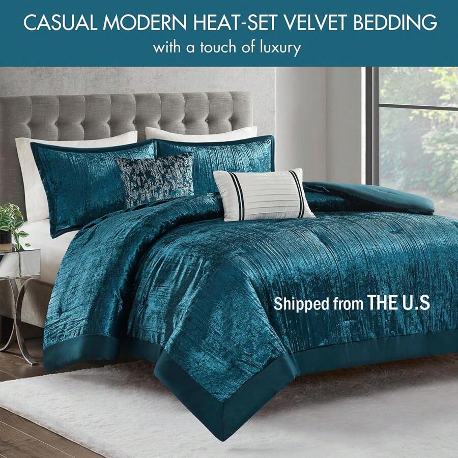 5 件套皱褶天鹅绒被子套装，豪华天鹅绒，缎纹被子，适合大号床，舒适天鹅绒被子，四季皆宜，轻便，羽绒替代床上用品，全尺寸/大号床，特大号床/加州特大号床 - 青色 - 查看 1