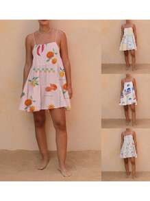 Women Summer Sleeveless Dress Casual Fashion Print Tie Up Strap Backless A-Line Party Dress For Vacation Streetwear - White - View 3