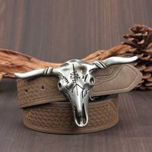 Boucle de ceinture de style western unisexe 3,7 cm de large avec motif de tête de taureau longhorn, boucle lisse avec des trous perforés à motif floral