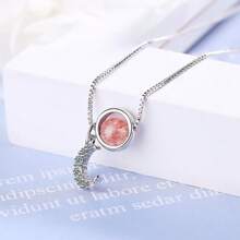 1pc 925 Silver Minimalist Sweet Pink Strawberry Crystal Sun & Moon Necklace, Short Clavicle Chain Suitable For Daily Wear, Comes In Gift Box - Moon Necklace - View 3