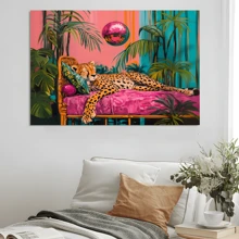 1pc Framed Canvas Poster, Cheetah Sleeping Under A Disco Ball Pink Wall Art Canvas Paintings, Ideal Gift For Bedroom Living Room Corridor, Wall Art, Room Decoration - Multicolor - View 5