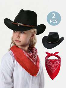 2PCS Western Cowboy Costume, Cowboy Hat Cosplay Accessory, Brown Western Cowboy Hat Dress Up For Kids, Funny Halloween Party Roleplay, Set Of 1 Black Cowboy Hat, 1 Red Bandanna - Black - View 1