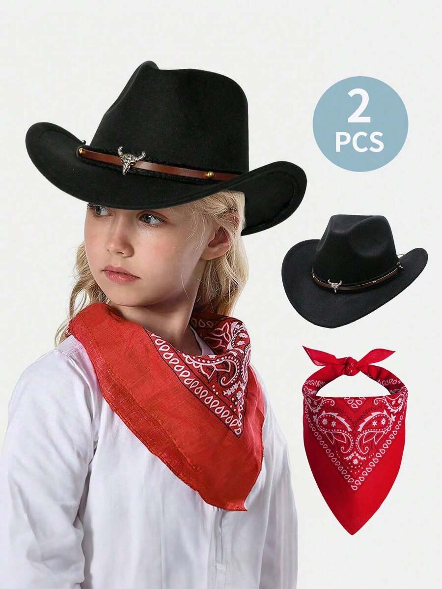 2PCS Western Cowboy Costume, Cowboy Hat Cosplay Accessory, Brown Western Cowboy Hat Dress Up For Kids, Funny Halloween Party Roleplay, Set Of 1 Black Cowboy Hat, 1 Red Bandanna - Black - View 1