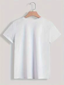 Hign Quality Geometric Heart Print T-Shirt- Spring/Summer Collection- Women'S Casual Top- Regular Length- No Detail,Women's Clothing, Cartoon And Letter Printing, Comfortable Cotton Material, Skin Friendly, Soft And Cool, Summer Women's T-Shirt Clothing - 白色 - 查看 2