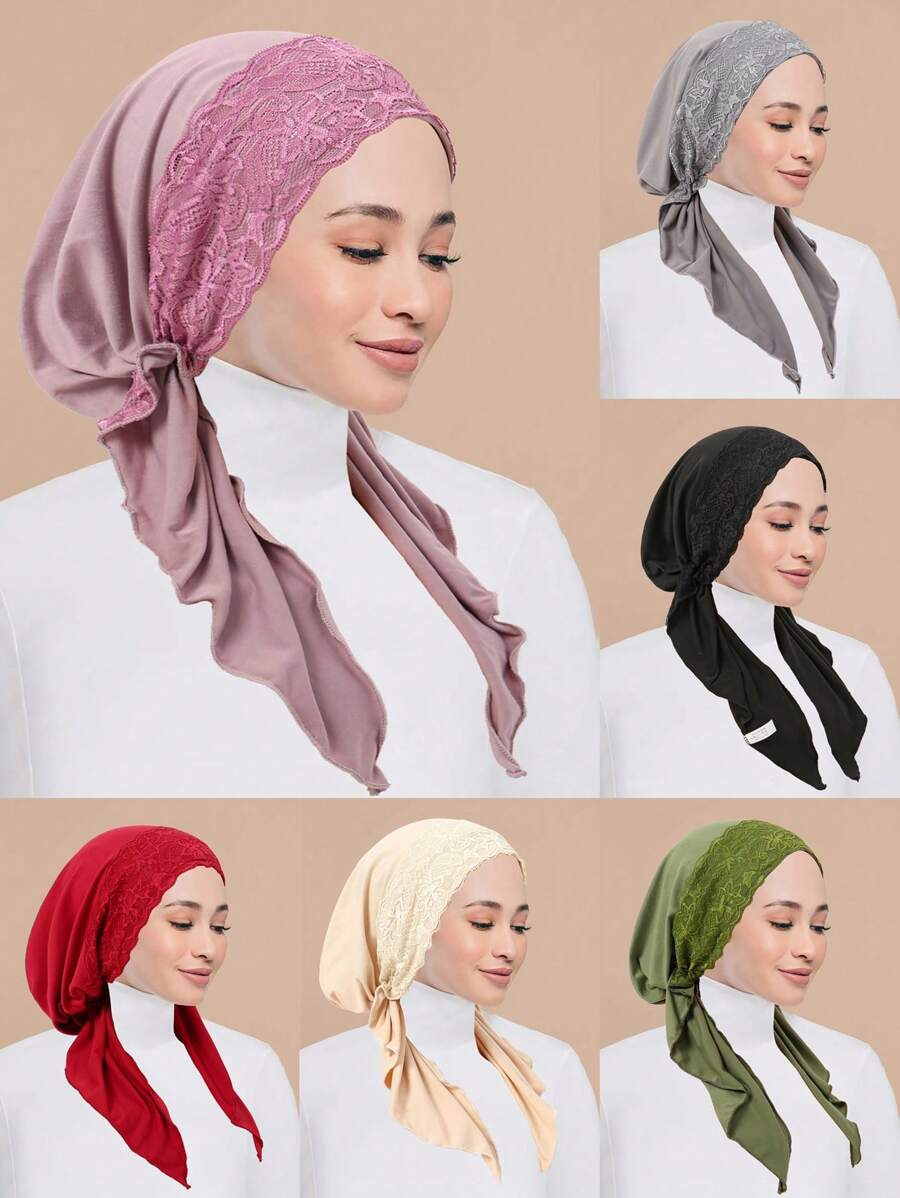 1pc New Solid Color Women Chemotherapy Cap With Lace Trim, Muslim Headscarf Turban Cap - A - View 1