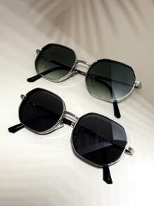 2pcs Men/Women Fashion Geometric Polygon Fashion Glasses, Metal Frame Decoration Outdoor Indoor Street Style Glasses, Black/Gold/Silver/Brown Color, Suitable For All Seasons, Thickened Frame With Ventilation Holes - 1*銀/灰+1*銀/漸綠 - 查看 2