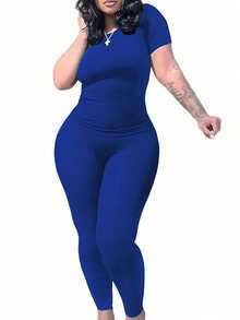 修身短袖短款上衣和高腰裤休闲两件套 - 藍色 - 查看 3