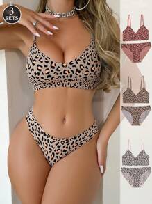 3 件套女士休闲无缝豹纹无钢圈低腰三角裤内裤套装
