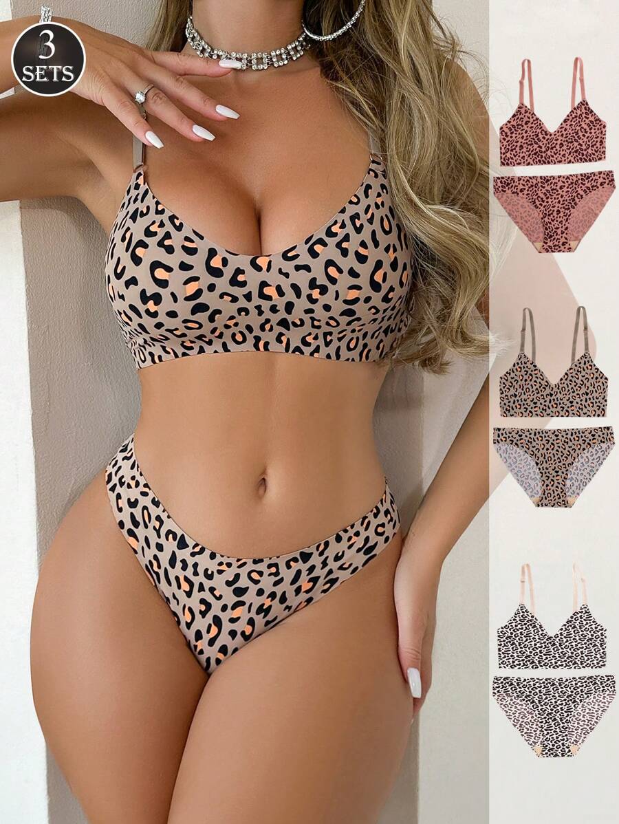 3 件套女士休闲无缝豹纹无钢圈低腰三角裤内裤套装