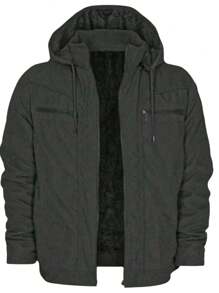 Men's Twill Jacket Coat With Hood And Pockets Lined - 黑色 - 查看 1