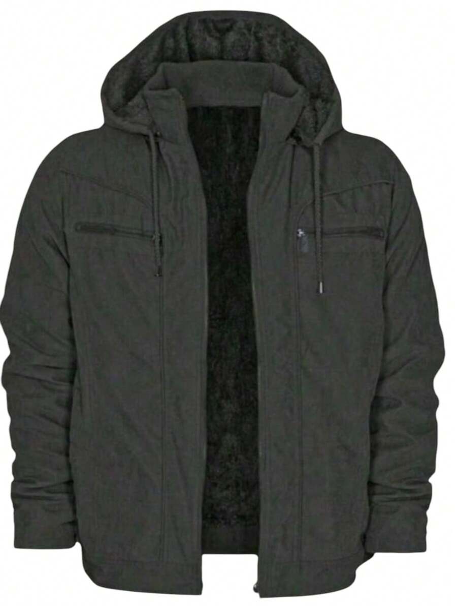 Men's Twill Jacket Coat With Hood And Pockets Lined - 黑色 - 查看 1