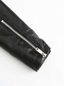 女式短款仿皮夹克，春/秋，立领，薄皮摩托车夹克，D02 - 黑色 - 查看 10