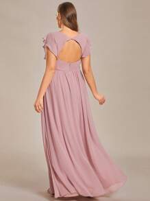 Plus Size V-Neck Solid Color Backless High Waist Ruched Pink Bridesmaid Dress, Suitable For Wedding And Autumn Wedding Guests - Pink - View 3
