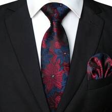 1/2/3/4/5件套男士花卉印花领带、丝缎领带、银色领带夹、口袋巾、袖扣和胸花，多种组合可选，适合作为父亲节、周年纪念日、生日等场合的礼物。经典花卉图案与燕尾服和西装完美搭配，让您在舞会、婚礼、庆典、典礼、正式会议、休闲派对和重要时刻等任何场合脱颖而出。男士领带