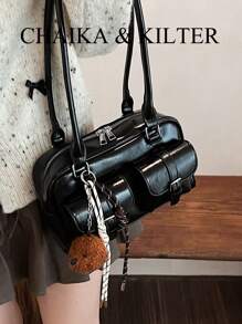 CHAIKA & KILTER 1 件女士亮面 PU 面料单肩包，时尚多口袋大容量波士顿保龄球包，带拉链开合，适合日常和户外使用（含吊坠） - 黑色 - 查看 6