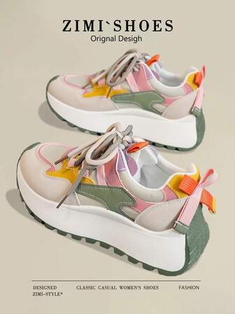 1 Pair Women Color Sneakers Round Toe Outdoor Lace-Up Waterproof Leather Platform Shoes, Spring Autumn