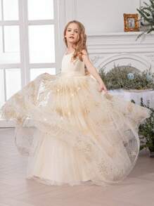 少女蝴蝶结网眼香槟色毕业礼服 - 优雅公主礼服，适合生日礼物、正式派对、婚礼、花童、节日庆祝礼服 - 杏色 - 查看 5