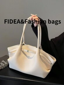 1 件女士大容量手提包，复古压花 PU 皮革，酒红色，带腰带装饰的手提包，时尚复古简约风格，适合女性购物、通勤、日常使用 - 米色 - 查看 4