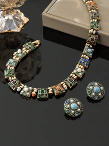 1 条项链和 1 对耳环，波西米亚风格铜合金复古经典珠宝套装，时尚百搭，适合派对，适合节日穿着 - 彩色 - 查看 7