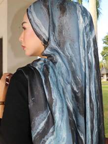 1件新款印花水彩头巾，高级渐变大理石水纹印花，优雅女士头巾，柔软材质，多功能防晒/防风头巾披肩，适合日常生活/节日派对/宴会场合，可作为长袍配饰。 - 深藍色 - 查看 7