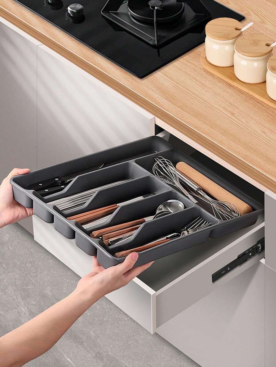 1 件大号餐具收纳盒、厨房用具储物托盘、塑料 PP 分隔隔间盒，用于餐具、抽屉、橱柜收纳