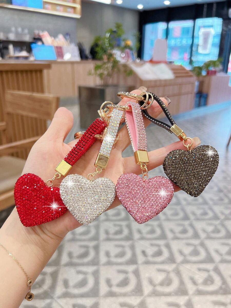 1pc Rhinestone Rope Clay Heart Shaped Car Keychain