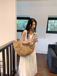 1 件大容量卡其色手提包，编织草编开口圆包，适合旅行、度假、海滩 - 卡其色 - 查看 7