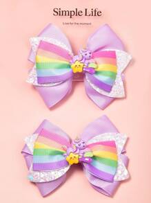 2pcs Digital Print Rainbow Glitter Bow Hair Clips, Suitable For Daily Outfits, Festival, Prom, Valentine's Day, Back To School And Graduation Occasions