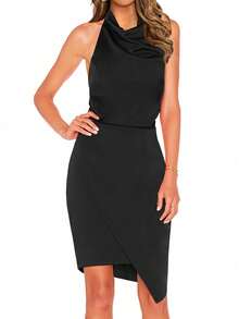 1 szt. Damska elegancka, seksowna, dopasowana, mini sukienka koktajlowa z odkrytymi plecami - Czarne - Zobacz 4