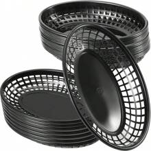Set de 3/12 piezas de cestas de comida rápida negras de 9.4 x 6.1 pulgadas, cestas de plástico ovaladas para comida rápida, cestas de restaurante para hamburguesas, delicatessen, sándwiches, papas fritas, fácil de limpiar