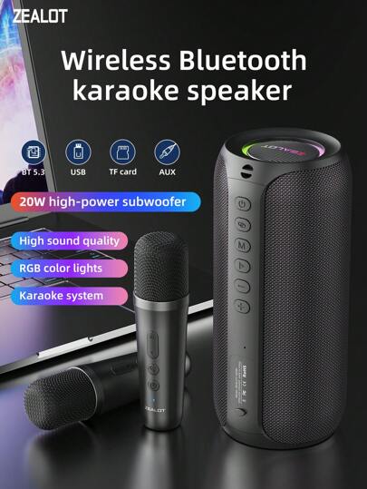  ZEALOT S69M 20W 便携式无线麦克风音箱，强劲低音，3D环绕立体声，360mAh超长续航，兼容智能手机/平板电脑/电视，支持TF/USB/AUX/TWS音频输入，双扬声器可倍增音量，适用于汽车、户外、露营、聚会等多种场合。